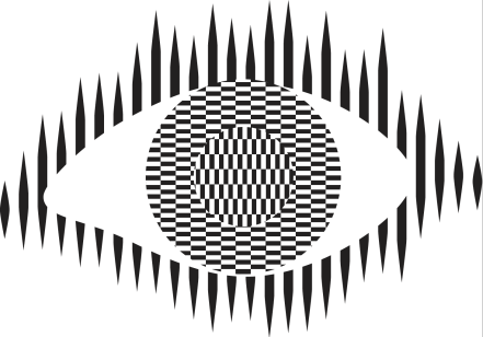 A graphic of an eye with both pupil and iris formed from a chequer-board pattern in different orientations. This produces a visual effect, an illusion of movement.