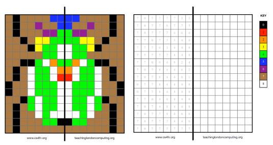 A composite image showing squared paper coloured in to form a symmetrical beetle. On the right are the instructions but only one half of the instrucions are given because the colourer in can 'unzip' the programme and work out how to map the instructions to the blank half.